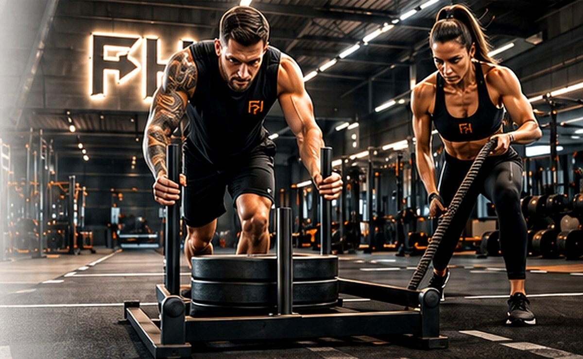 Athletes training with sled and ropes in a modern gym
